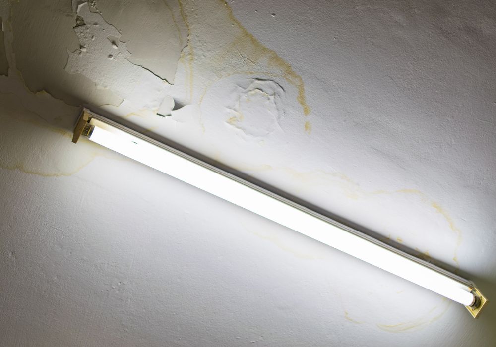 leaking ceiling with fluorescent lamp - clinton restoration services