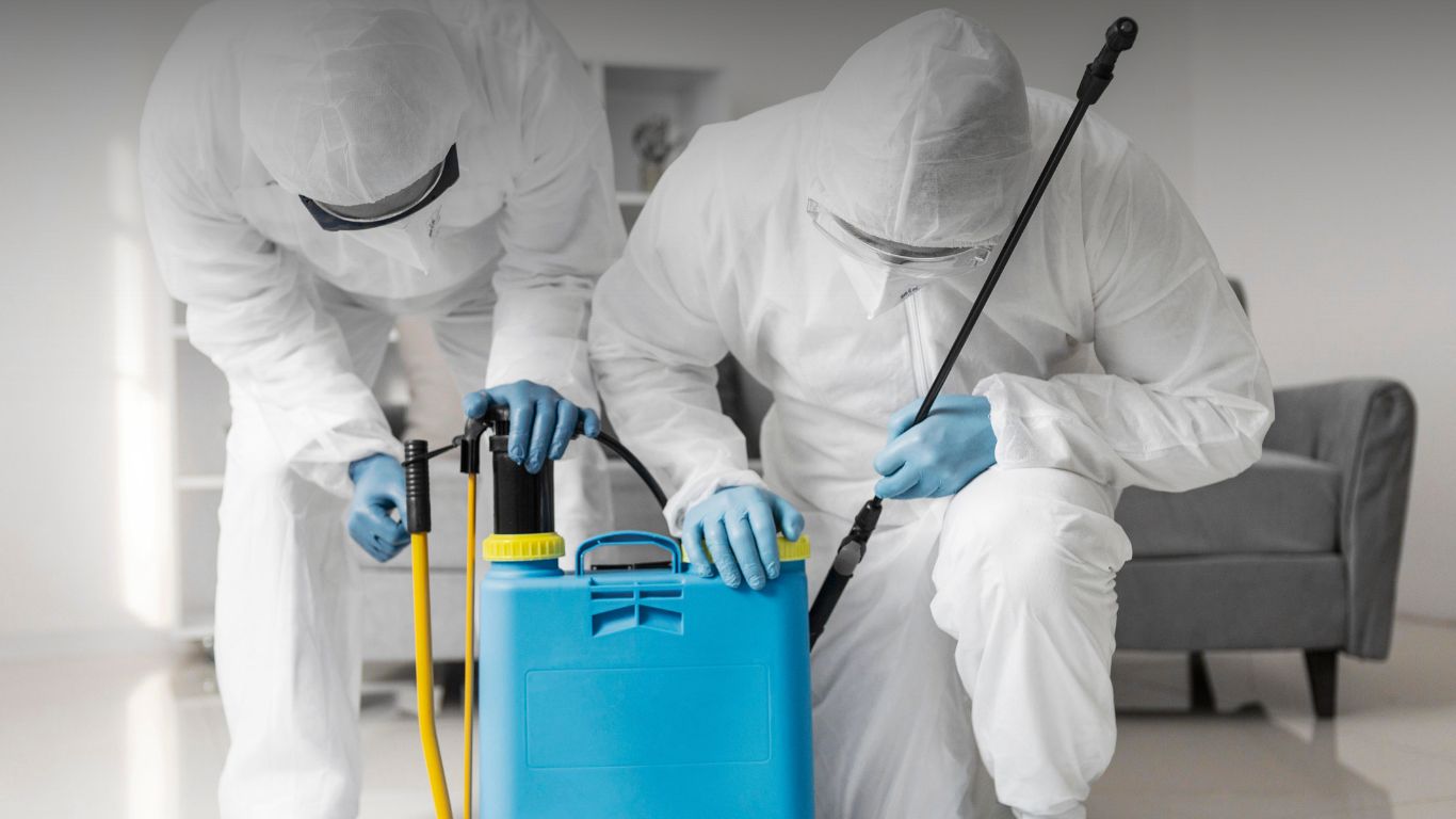 Two professionals in full protective suits using spraying equipment for indoor mold removal and remediation.